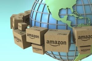 Illustration of the globe with Amazon boxes circling it.