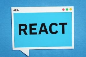 Illustration of a computer screen wiht the text "React"