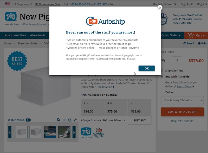 NewPig.com sends an email alert before shipping a subscription order, allowing customers to review and edit.