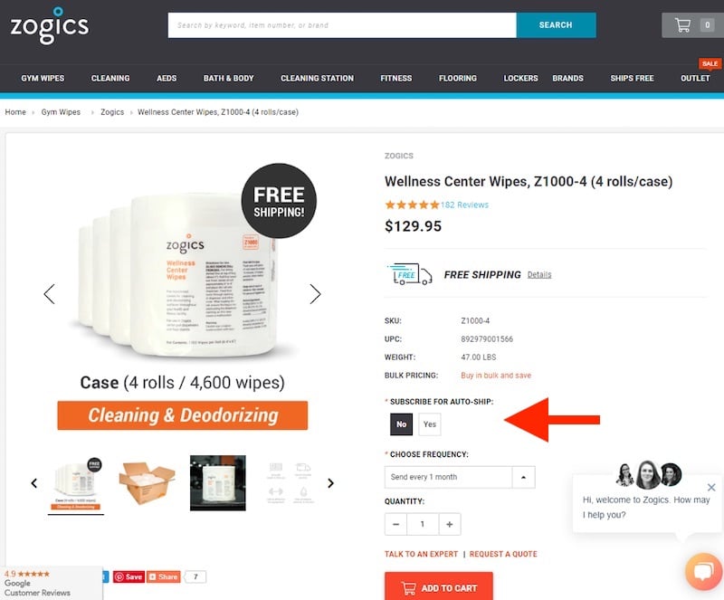 Zogics’ auto-ship option allows customers to choose the quantity and the frequency.