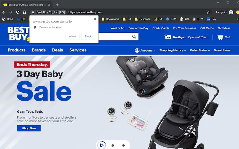 BestBuy.com requests a shopper's location early on.