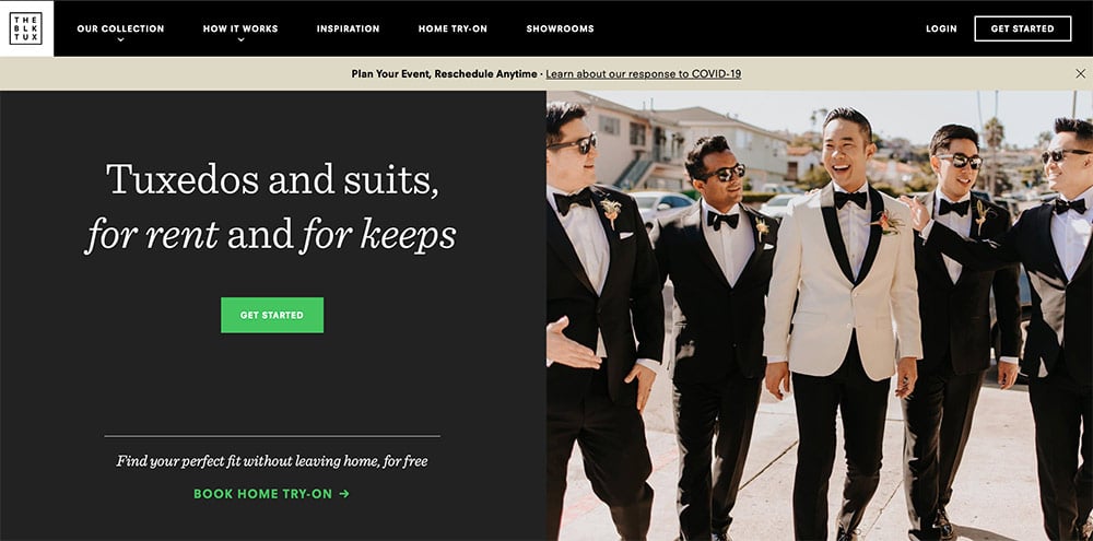 The Black Tux home page promotes more than just purchasing The Black Tux's home page
