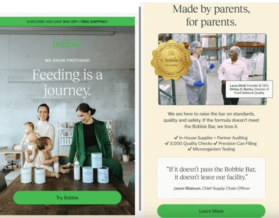 A promotional email from Bobbie, a baby formula brand, emphasizing high safety and quality standards. It highlights their rigorous quality checks, precision can filling, and microorganism testing to ensure each product meets the "Bobbie Bar." Quotes from the CEO and Chief Supply Chain Officer emphasize their commitment to providing safe and trusted formula options for parents.