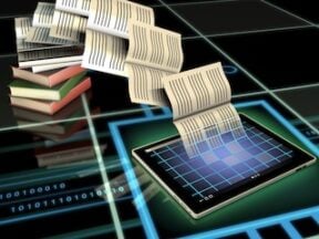 Illustration of book pages leaving a tablet computer