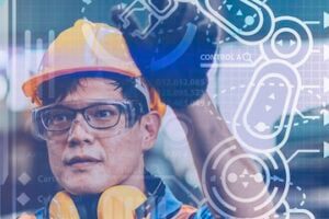 Photo and illustration of a factory worker beside AI concepts