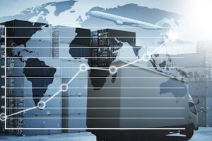 Illustration of a flat global map with a rising graph superimposed