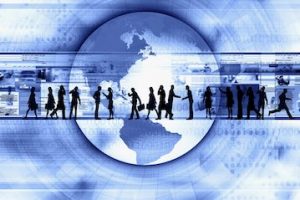 Illustration of a globe will people in front