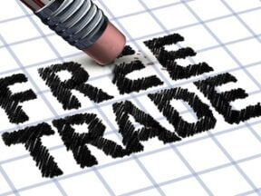 Illustration of the words "Free Trade" being erased with a pencil