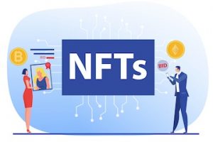 Illustration of two people selling NFT art