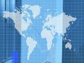 Illustration of a flat world map with investing symbols