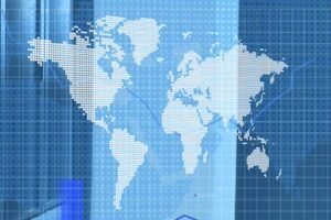 Illustration of a flat world map with investing symbols