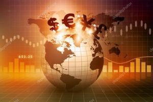 Illustration of a globe with currency symbols on it