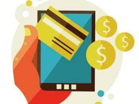 Illustration of a mobile phone with credit card and dollar sign