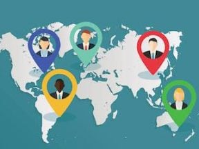 Illustration of a flat world map with avatars of people on each continent