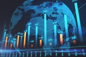 Global financial market concept with forex chart indicators on digital world map background. 3D rendering