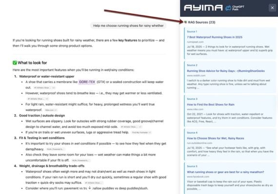 Screenshot of the ChatGPT Path analysis ChatGPT conversation on choosing running shoes for rainy weather displayed on the left, with a ChatGPT Path sidebar on the right. The sidebar is labeled ‘RAG Sources (23)’ and lists numbered source cards with titles and snippets from websites such as runrepeat.com, Reddit, Nike.com, Outside Online, and Facebook. The main chat response includes a checklist of features to look for in rainy-condition running shoes, with brand and retailer citations highlighted inline.
