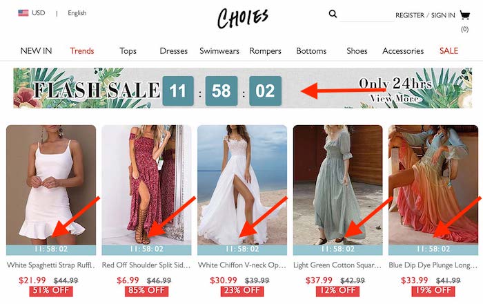 Countdown timer on a category of products page Fashion category page with a countdown timer showing how much longer you have to buy.