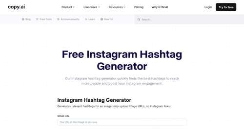 Web page of Copy.ai's Instagram Hashtag Generator Web page of Copy.ai's Instagram Hashtag Generator