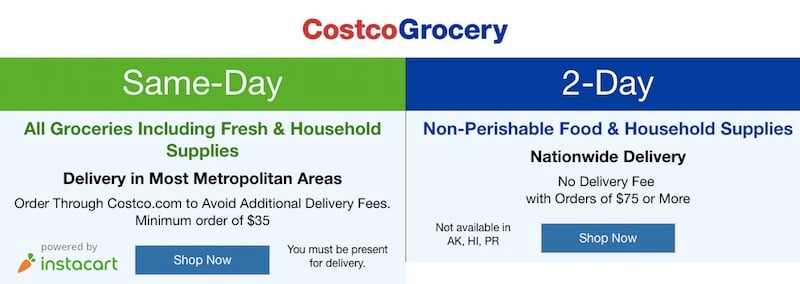 In October 2017, Costco launched CostcoGrocery, a service that provides two-day delivery on about 500 nonperishable items.