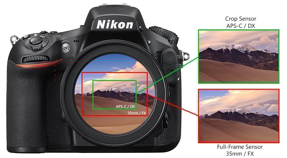 Illustration from PhotographyLife.com of a Nikon camera showing a crop sensor and full-frame sensor. Illustration from PhotographyLife.com of a Nikon camera showing a crop sensor and full-frame sensor.