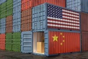 Illustration of shipping containers with U.S. and China flags