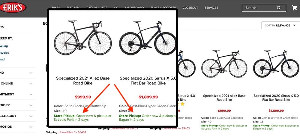 Web page from Erik's bike shop showing store pickup location Web page from Erik's bike shop showing store pickup location