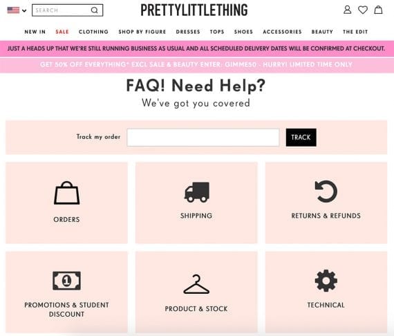 PrettyLittleThing designed FAQ section