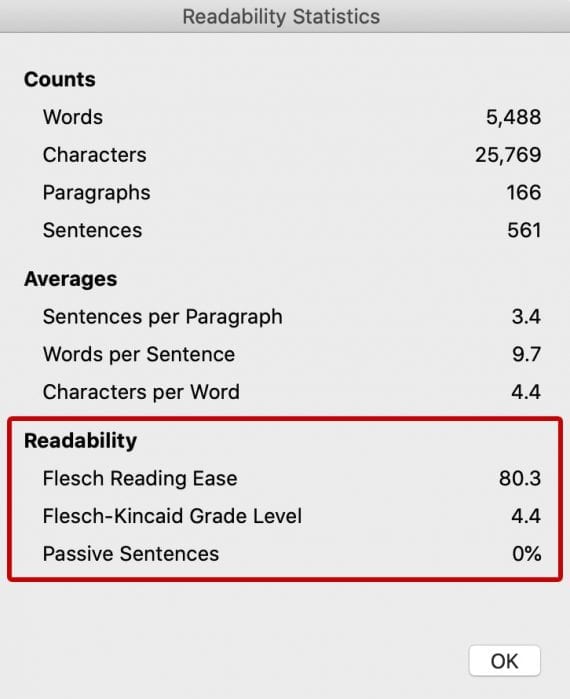 Readability stats screen in Microsoft 365 Word Readability stats screen in Microsoft 365 Word