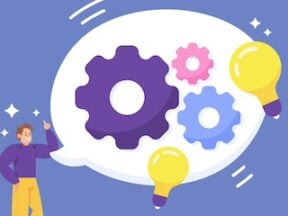 Illustration of a man with an idea, including a flywheel