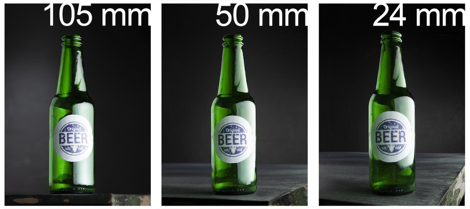 Photo from Freepik.com showing a beer bottle at 105mm, 50mm, and 24mm. Photo from Freepik.com showing a beer bottle at 105mm, 50mm, and 24mm.