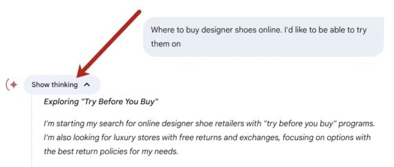 A screenshot from Google's Gemini interface shows a user query: "Where to buy designer shoes online. I'd like to be able to try them on." A screenshot from Google's Gemini interface shows a user query: "Where to buy designer shoes online. I'd like to be able to try them on." Below, Gemini's response begins with the heading "Exploring 'Try Before You Buy'" and text describing a search for online designer shoe retailers offering try-before-you-buy programs and generous return policies. A red arrow points to an expandable button labeled "Show thinking", indicating the option to view the AI’s reasoning process.