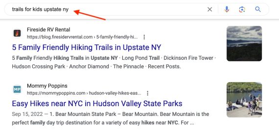 Screenshot of search results for "trails for kids upstate ny" Screenshot of search results for "trails for kids upstate ny"