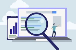 Illustration of a magnifying glass over a laptop