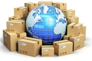 Illustration of a globe with shipping boxes surrounding it