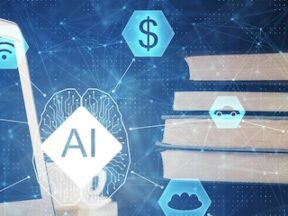 Illustration of a stack of books next to a laptop