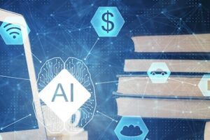 Illustration of a stack of books next to a laptop