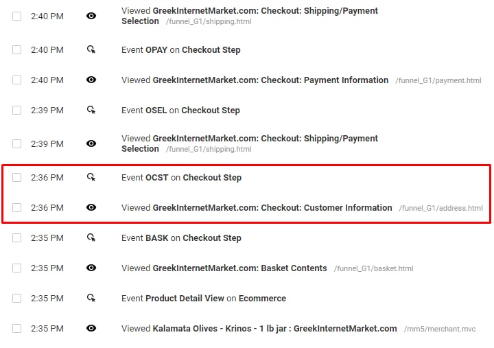 The purchaser spent three minutes, an abnormally long period, on the customer information page, which is where they enter the shipping and payment addresses.