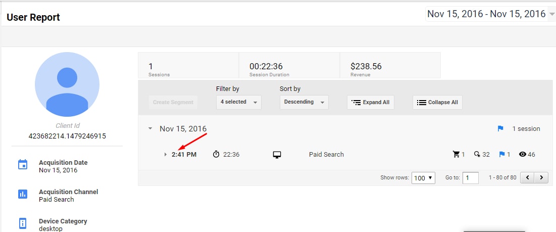 Click on the arrow next to the time for the beginning of the session for more details.