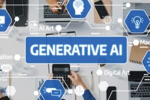 Illustration of the term "Generative AI" over table with people