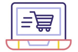Illustration of a shopping cart icon on a laptop screen