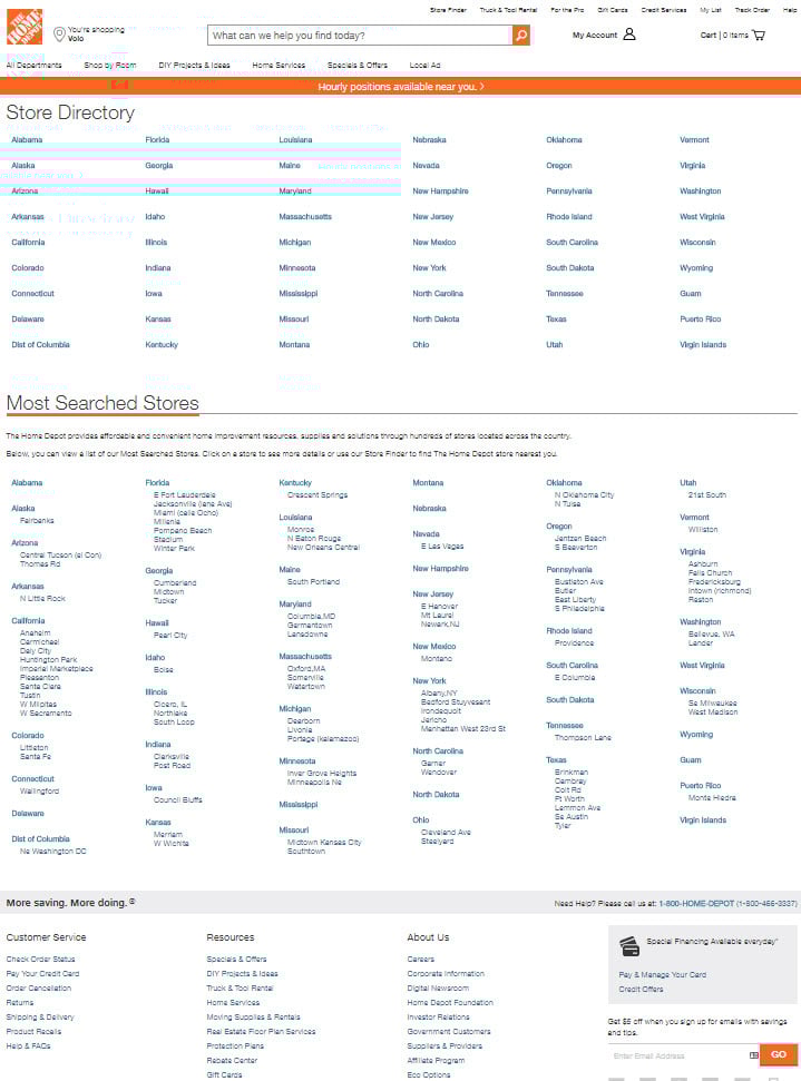 The Home Depot’s landing page links to every state, city, and location.