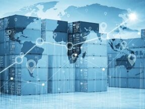 Illustration of shipping containers at a port