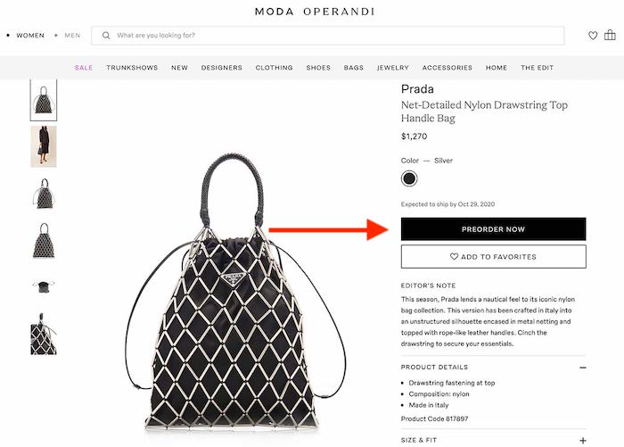 Pre-order product page Black Prada purse product page with $1,200 price tag.