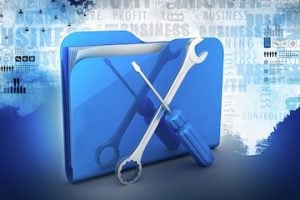 Illustration of a folder with a wrench and screwdriver on a digital backgroun