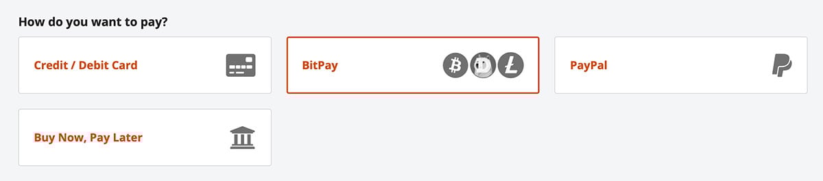Checkout buttons for credit card, crypto and mobile wallets.