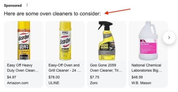 Screenshot of Google Shopping ads in AI Overviews