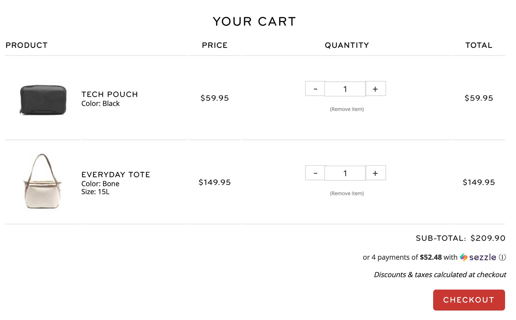 Shopping cart page displaying product photos and details Shopping cart page displaying product photos and details