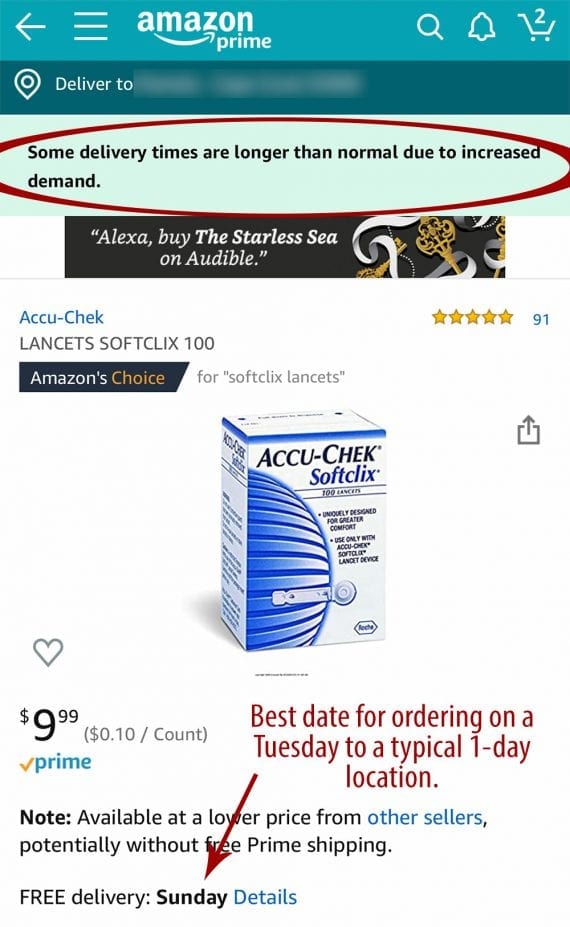 Essential supplies are also experiencing delays via Amazon People with underlying medical conditions are seeing lengthy delivery times for necessary supplies, such as this blood-glucose monitoring system.