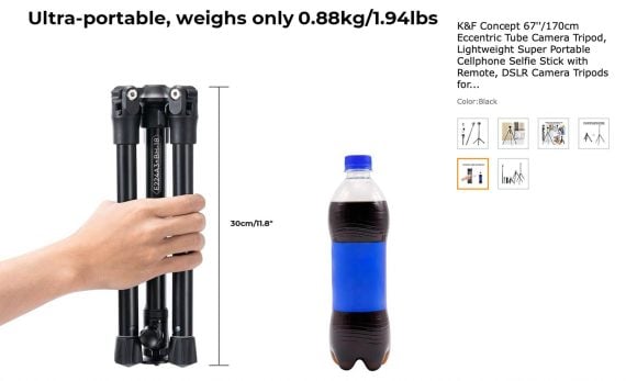 Conveying size with hand, measurements and objects Product image of a hand holding a collapsed tripod. Next to it is a line depicting a height of 11.8 inches. A soda bottle is to the right.