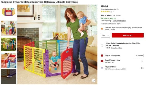 Mom and Toddlers with playpen Product page with photo of a mom holding a toddler, next to a large playpen where another toddler is sitting.